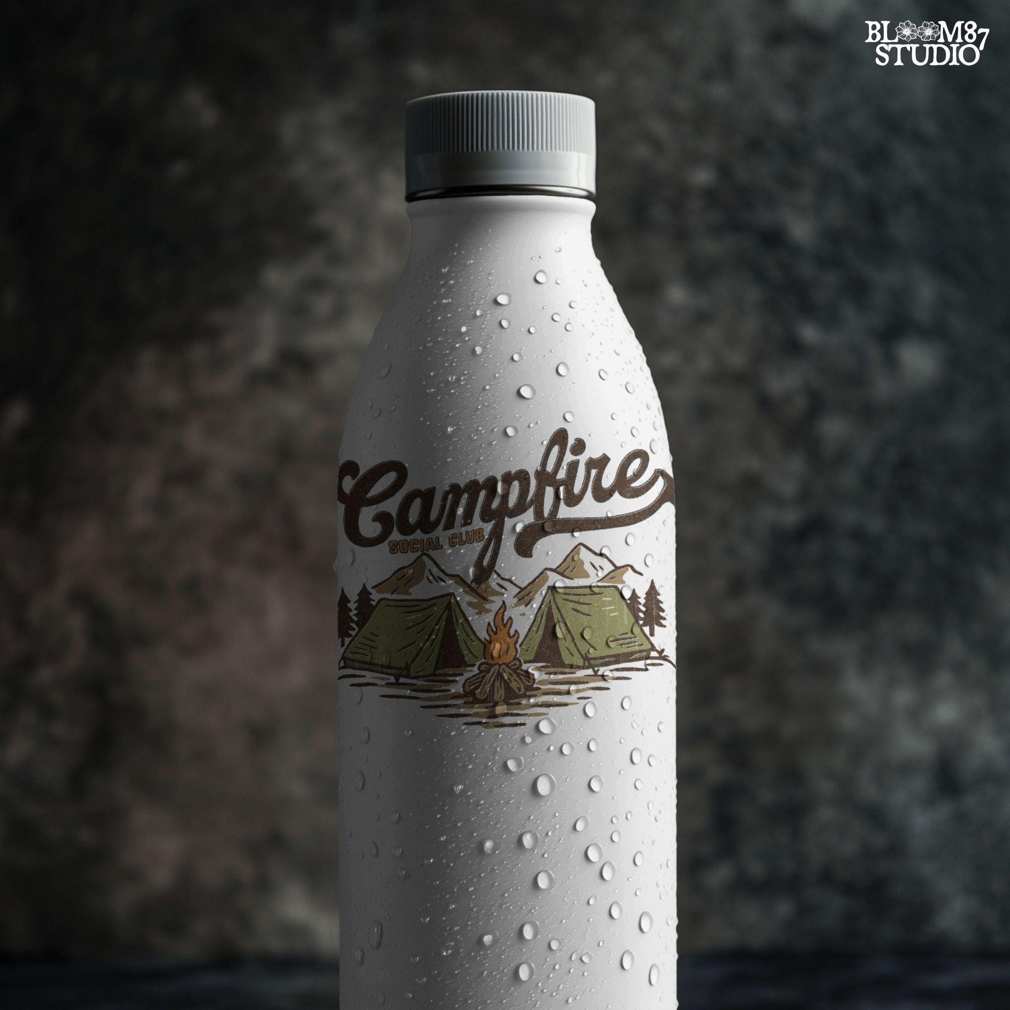 Vintage-style illustration of two camping tents, a lit campfire, pine trees, and mountains with the text “Campfire Social Club.”