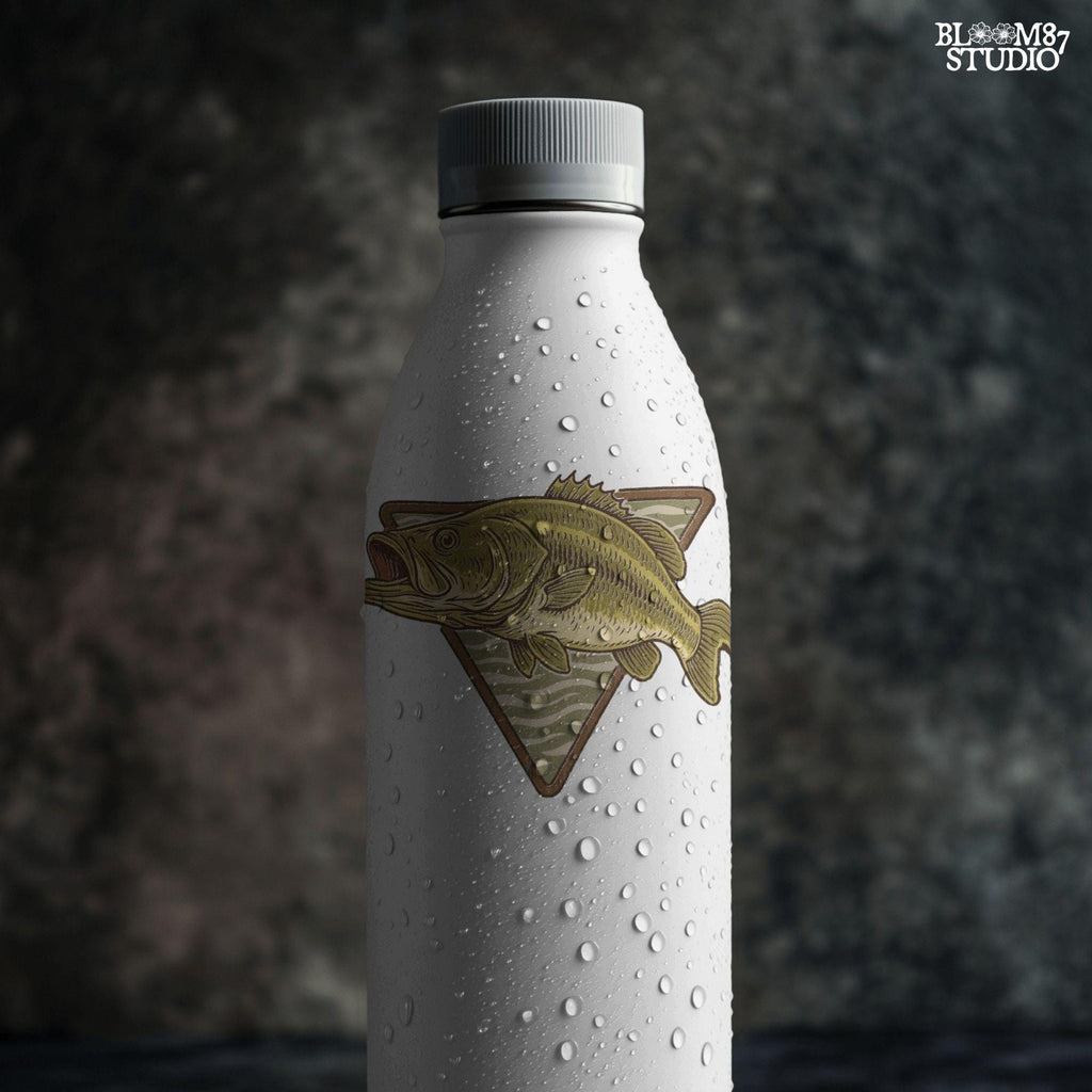 Vintage illustration of a largemouth bass jumping forward over a triangle camo background.