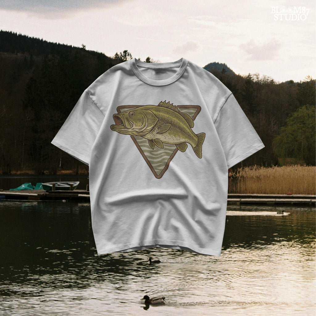 Vintage illustration of a largemouth bass jumping forward over a triangle camo background.