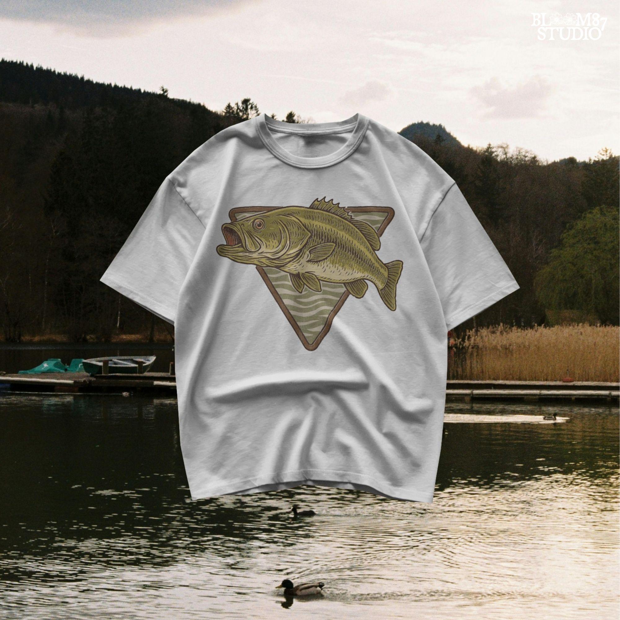 Vintage illustration of a largemouth bass jumping forward over a triangle camo background.