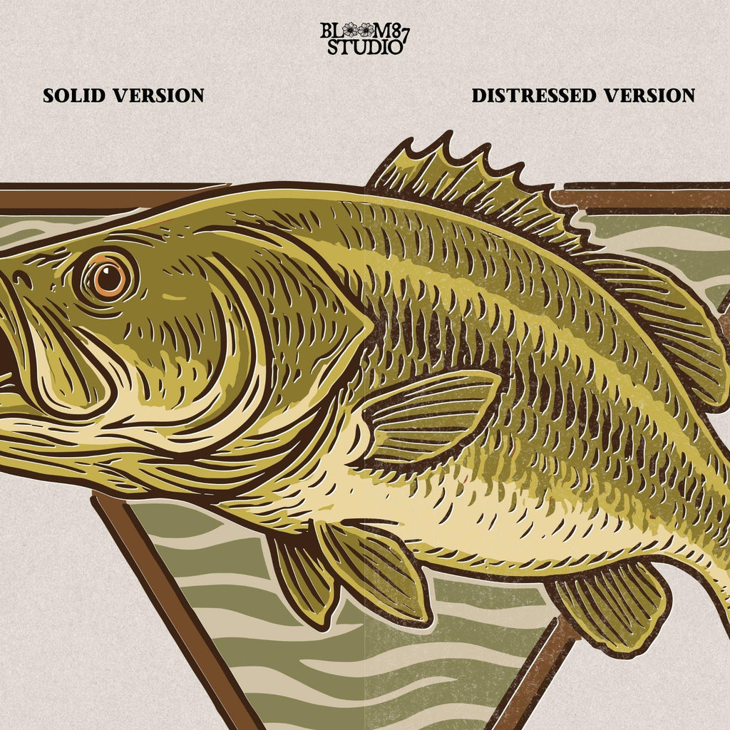 Vintage illustration of a largemouth bass jumping forward over a triangle camo background.