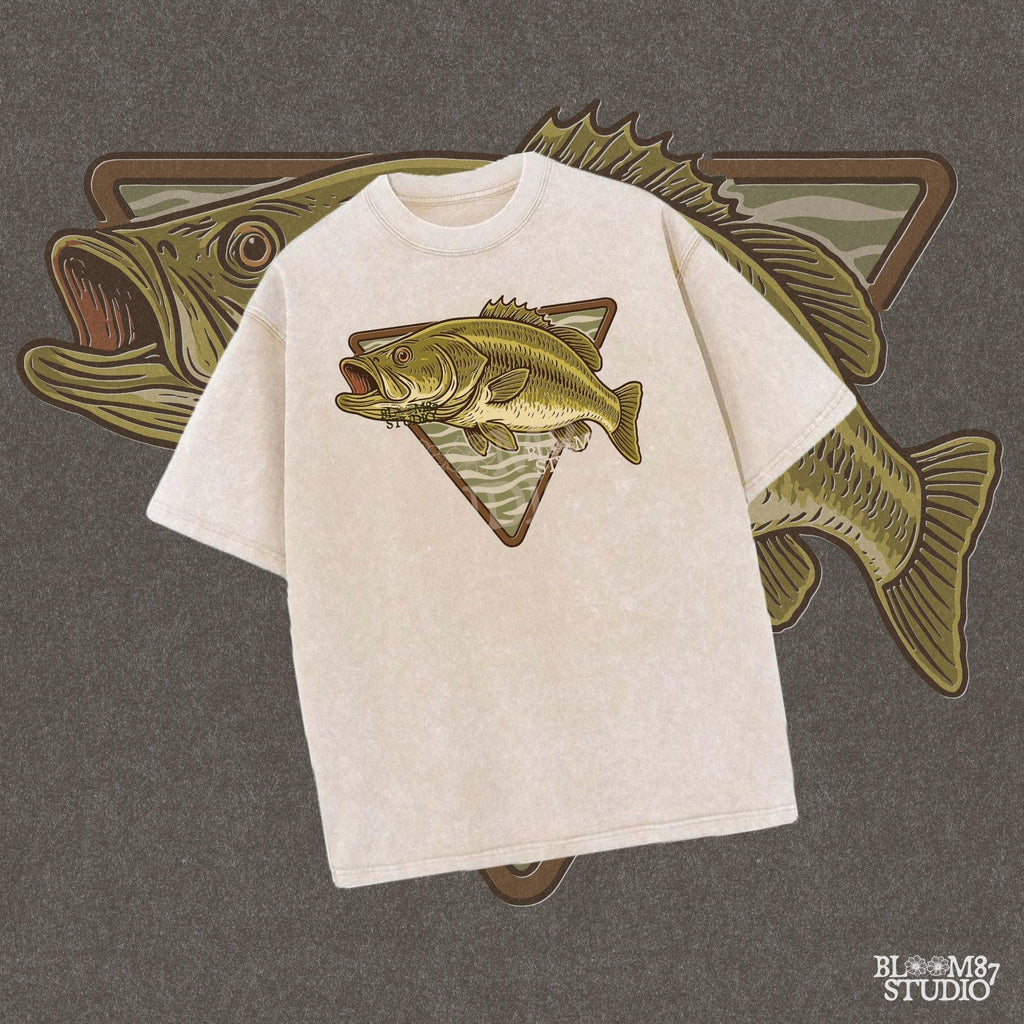 Vintage illustration of a largemouth bass jumping forward over a triangle camo background.