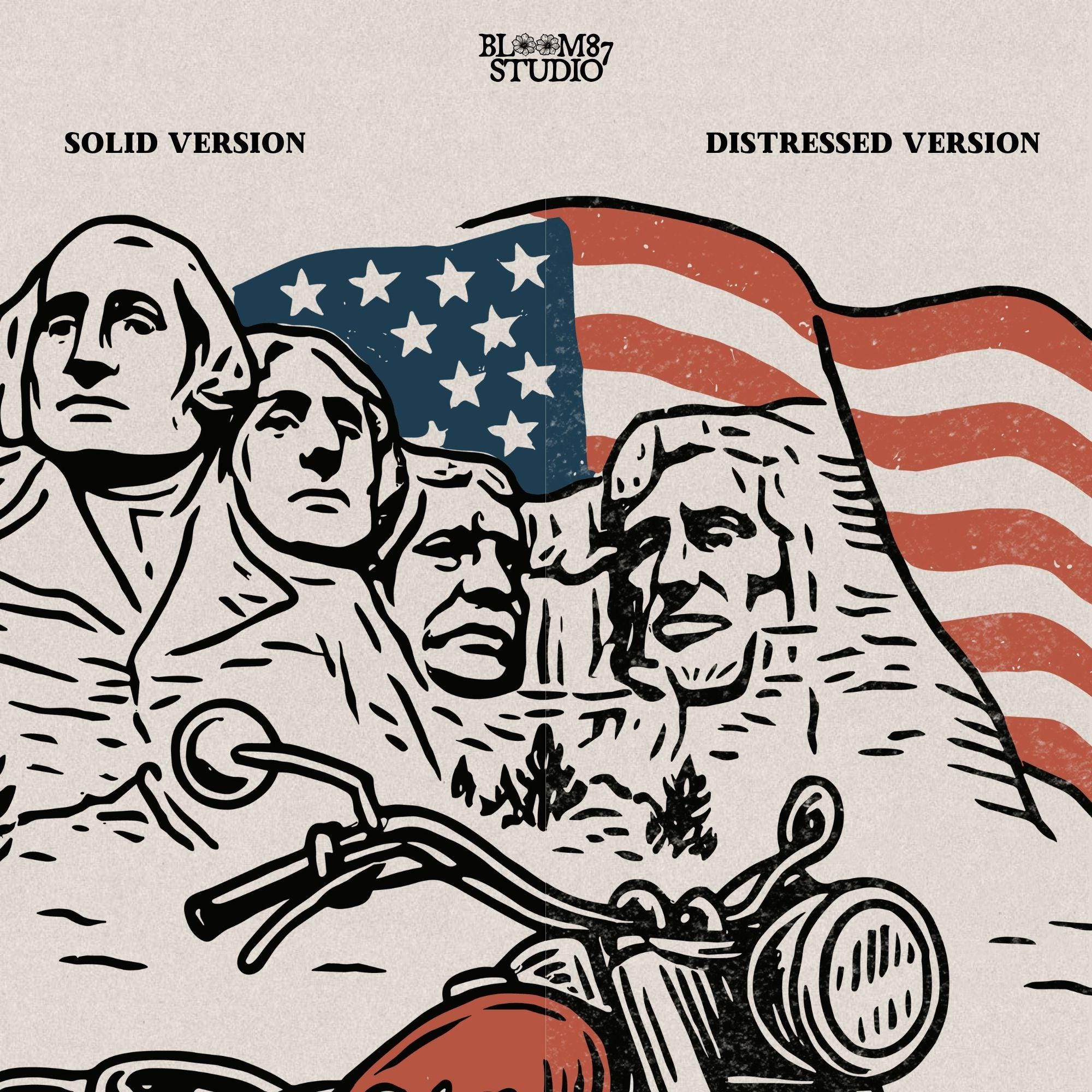 Vintage motorcycle graphic in front of Mount Rushmore and a waving American flag, styled in patriotic colors with retro biker design elements.