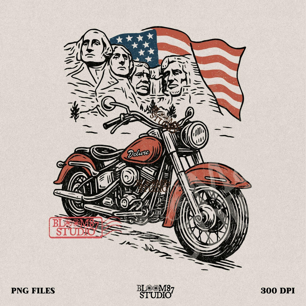 Vintage motorcycle graphic in front of Mount Rushmore and a waving American flag, styled in patriotic colors with retro biker design elements.