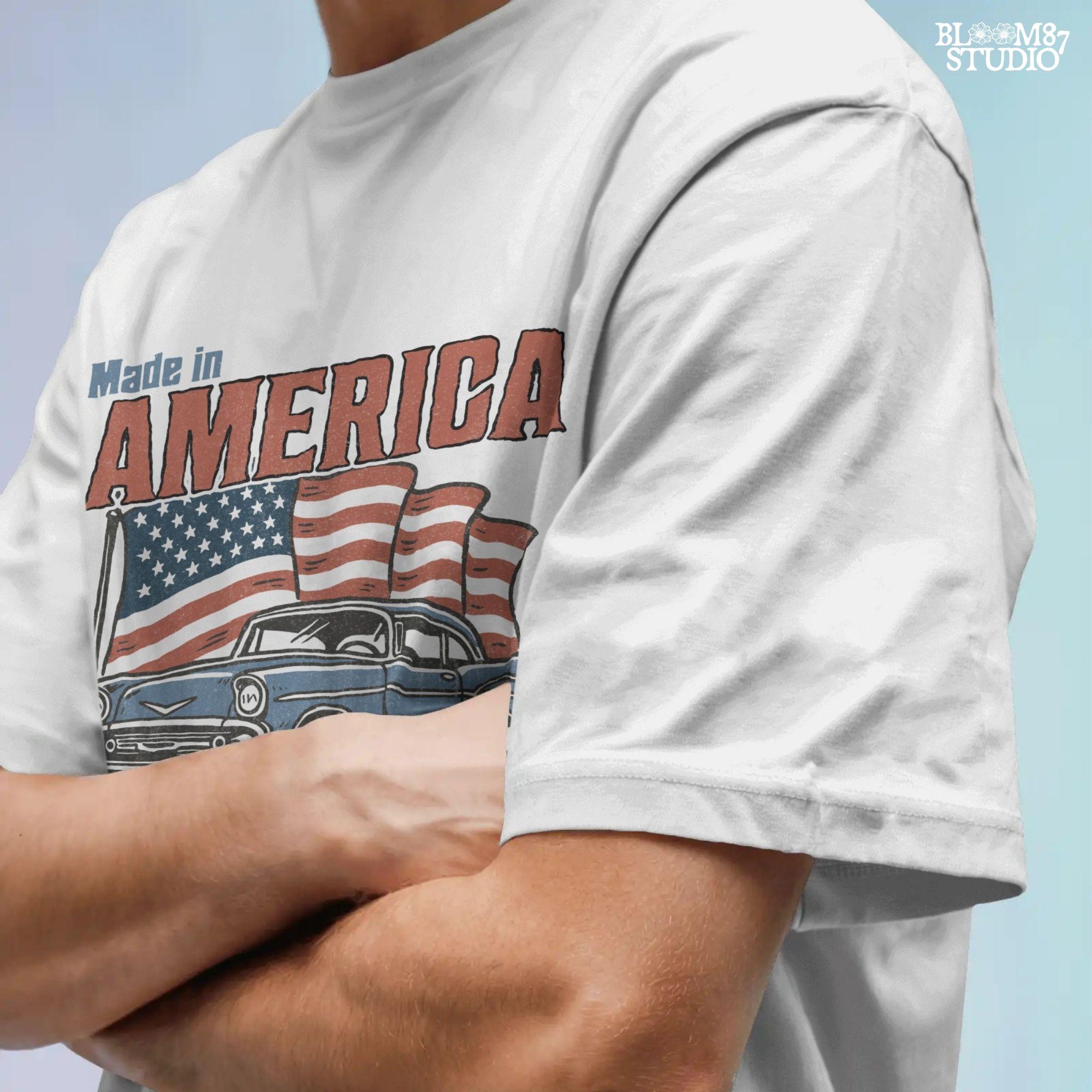 Classic American vintage car driving in front of three waving USA flags with “Made in America” text in bold retro style.