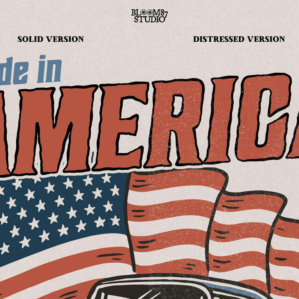 Classic American vintage car driving in front of three waving USA flags with “Made in America” text in bold retro style.