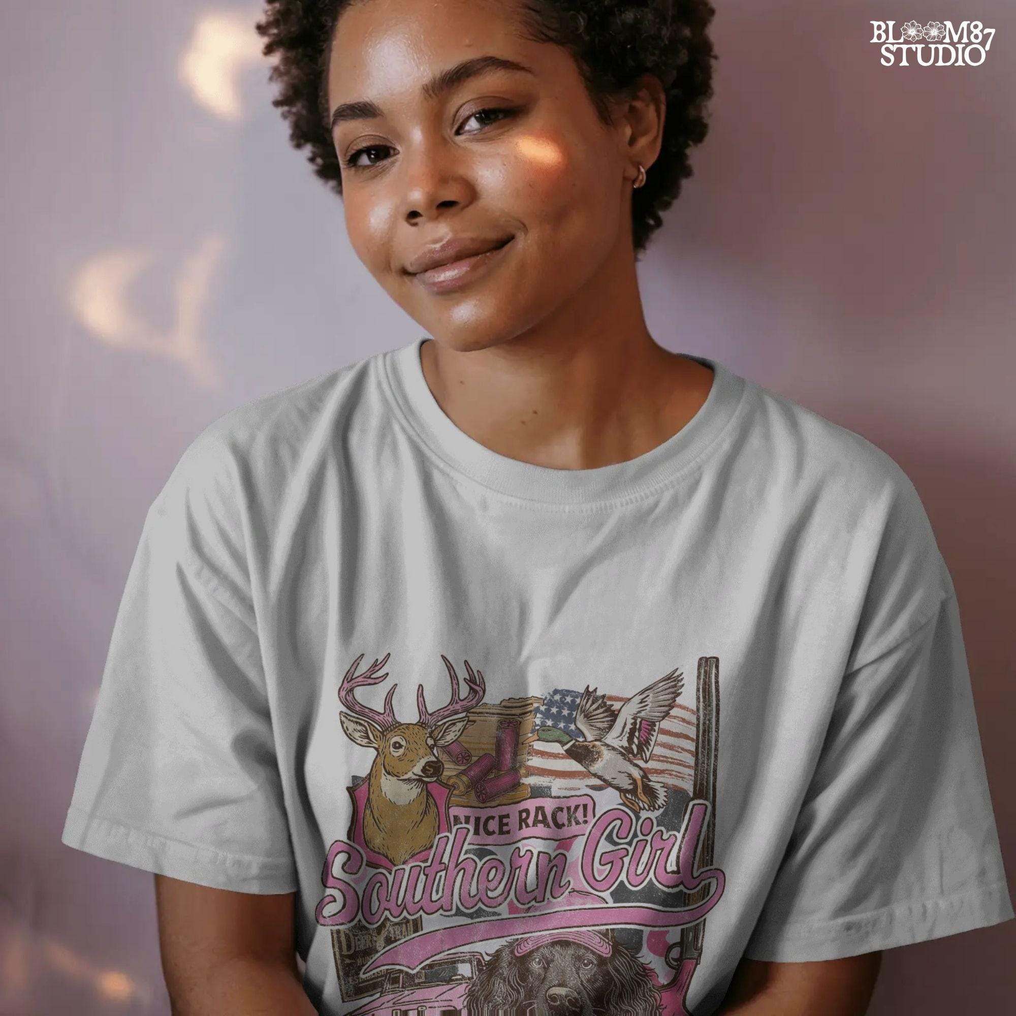 Patriotic hunting collage featuring “Southern Girl” text with deer, duck, pink shotgun, truck, and a dog holding a “Live to Hunt” sign in a pink and camo aesthetic.