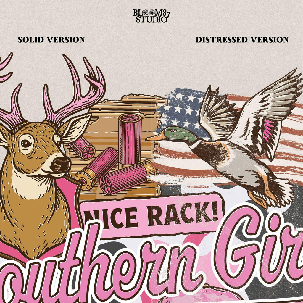 Patriotic hunting collage featuring “Southern Girl” text with deer, duck, pink shotgun, truck, and a dog holding a “Live to Hunt” sign in a pink and camo aesthetic.