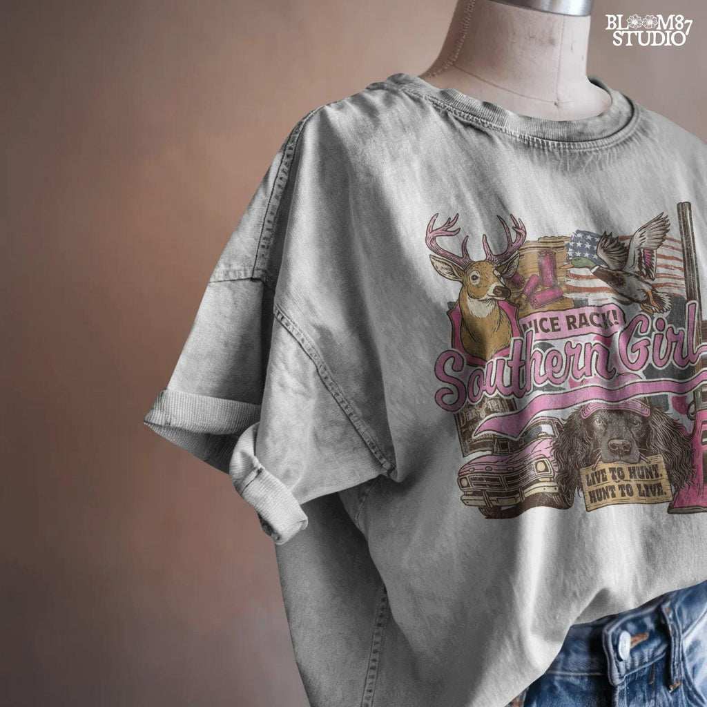 Patriotic hunting collage featuring “Southern Girl” text with deer, duck, pink shotgun, truck, and a dog holding a “Live to Hunt” sign in a pink and camo aesthetic.