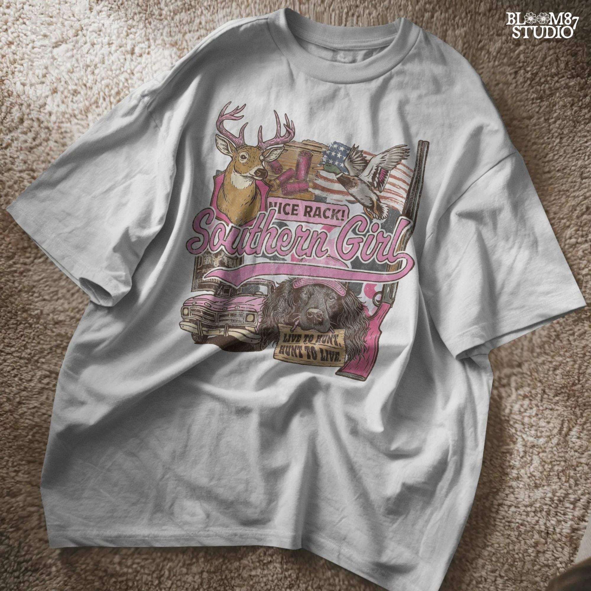 Patriotic hunting collage featuring “Southern Girl” text with deer, duck, pink shotgun, truck, and a dog holding a “Live to Hunt” sign in a pink and camo aesthetic.