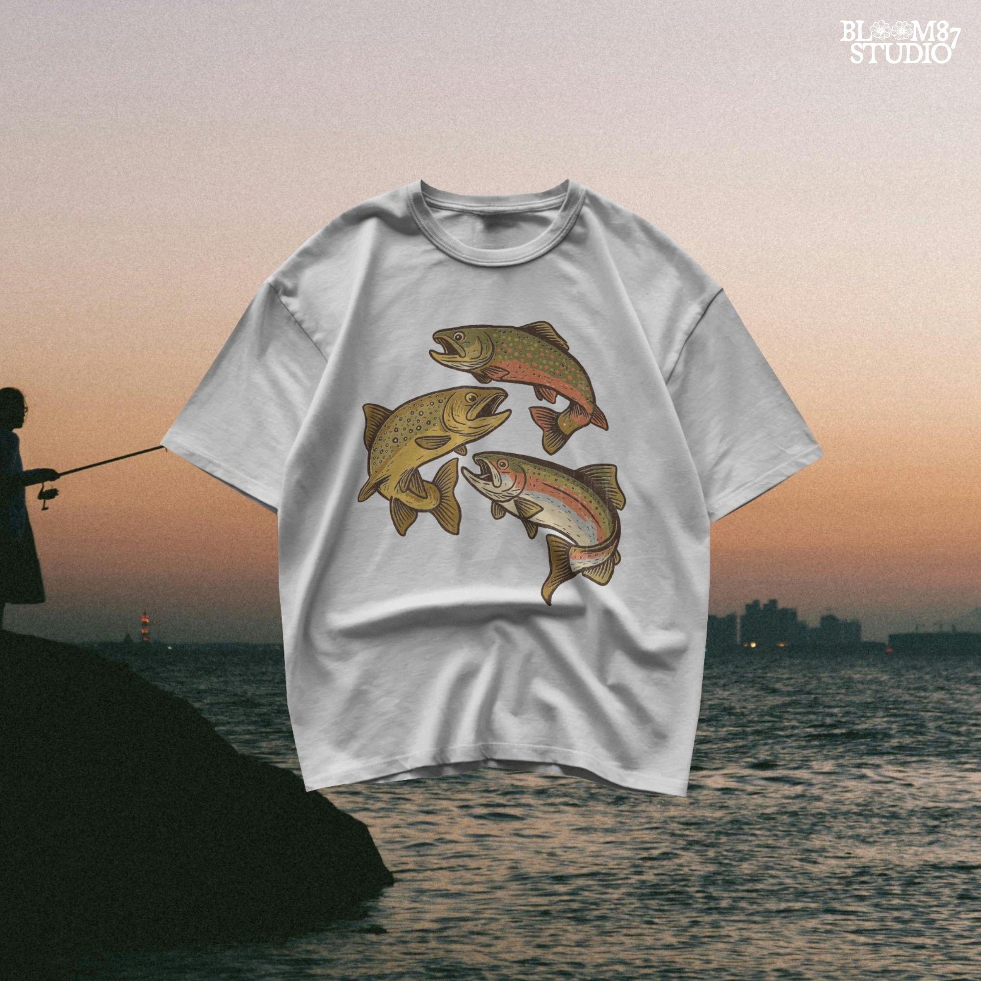 Illustration of rainbow trout, brook trout, and brown trout in colorful, vintage-style drawing with open mouths and detailed markings.