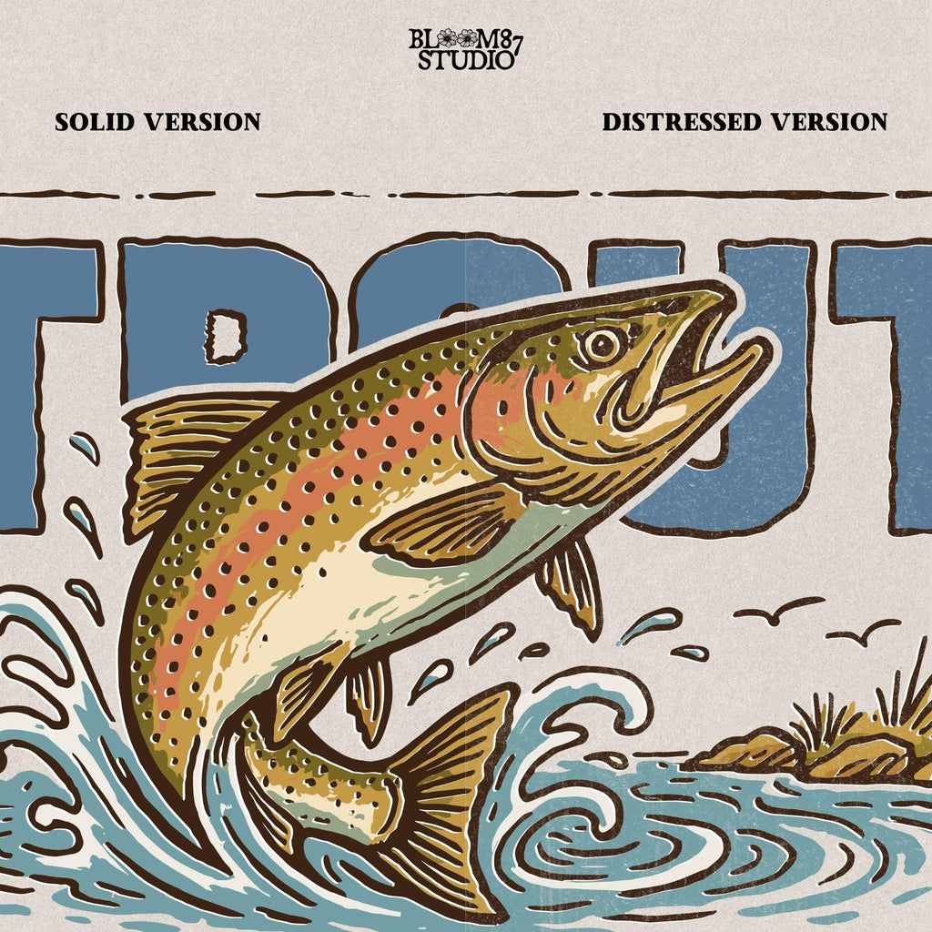 Vintage-style illustration of a rainbow trout jumping from the water in front of bold block letters spelling “TROUT”.