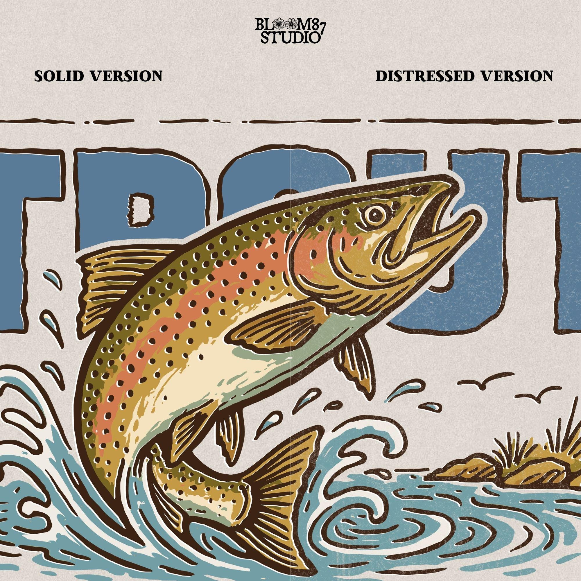 Vintage-style illustration of a rainbow trout jumping from the water in front of bold block letters spelling “TROUT”.