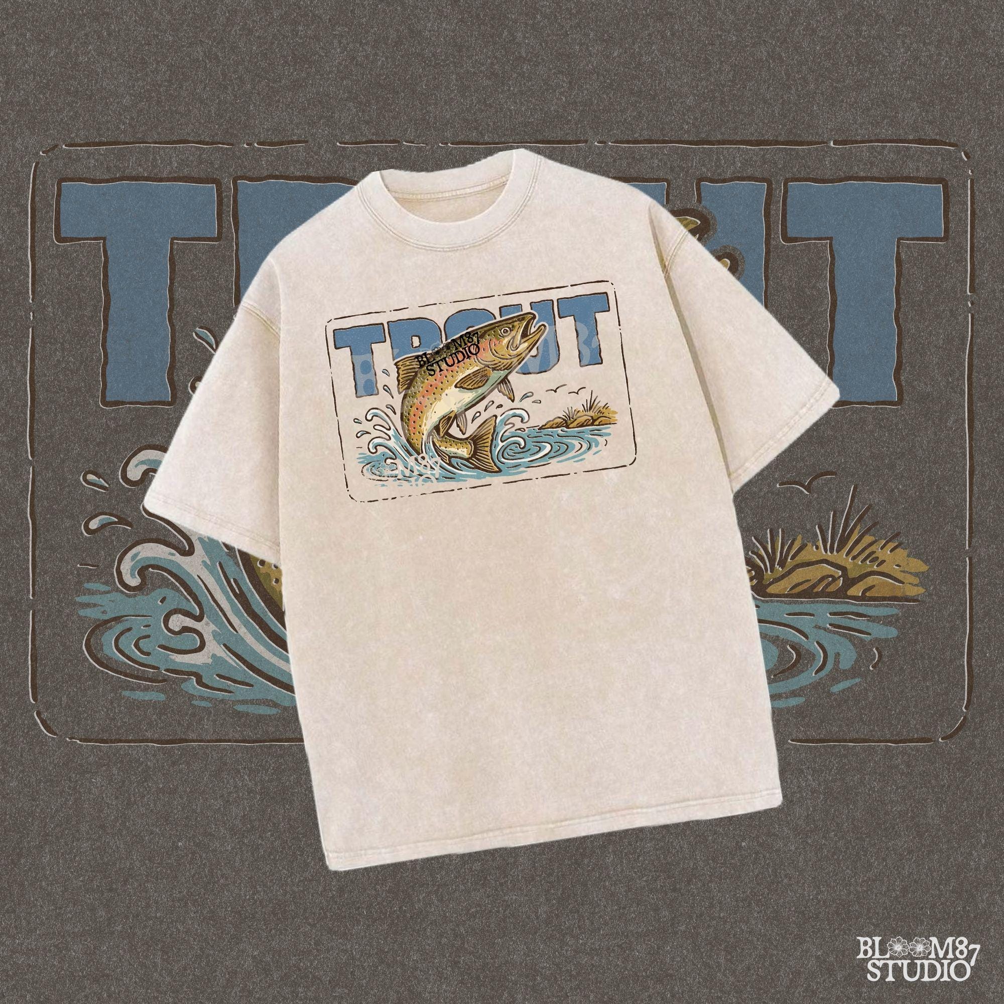 Vintage-style illustration of a rainbow trout jumping from the water in front of bold block letters spelling “TROUT”.