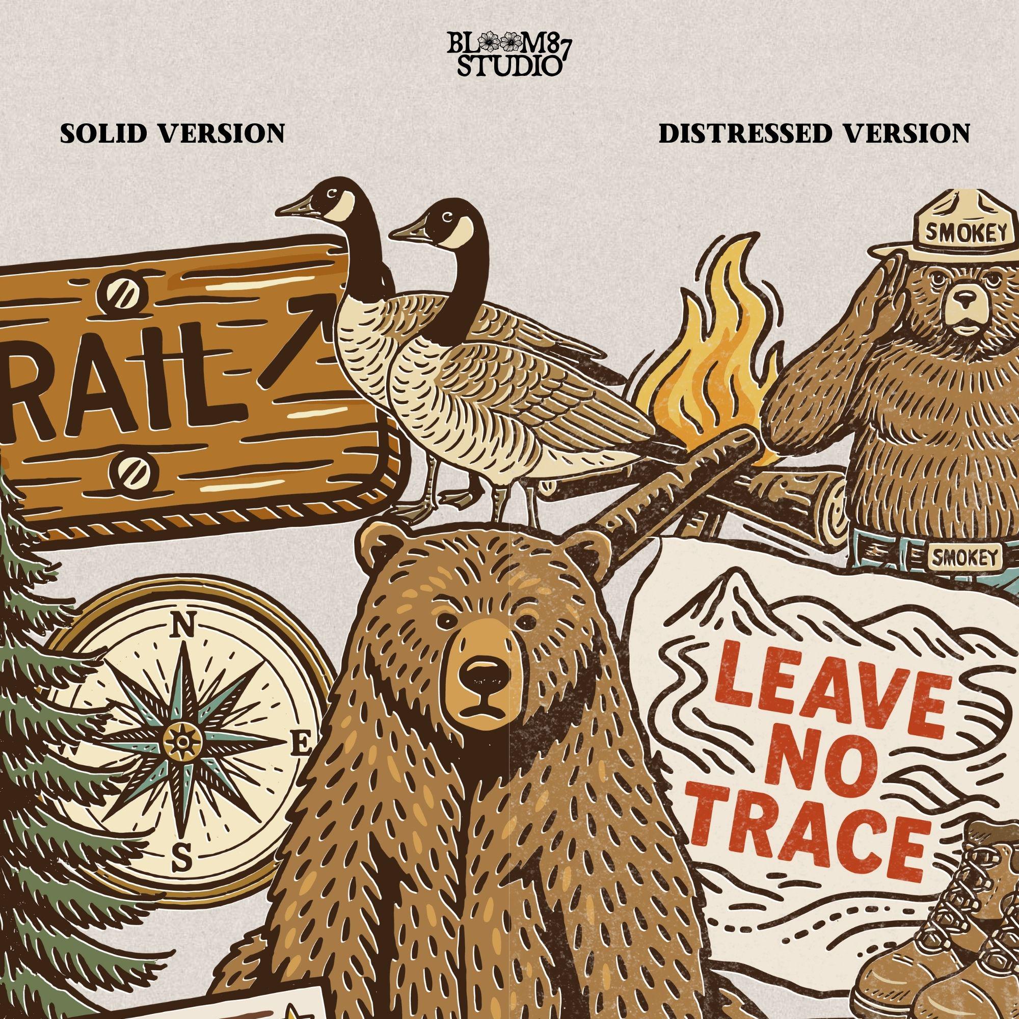 Illustration of a camping-themed collage featuring a grizzly bear, “Leave No Trace” sign, Smokey the Bear, trail sign, compass, boots, a green jeep, and forest scenery.
