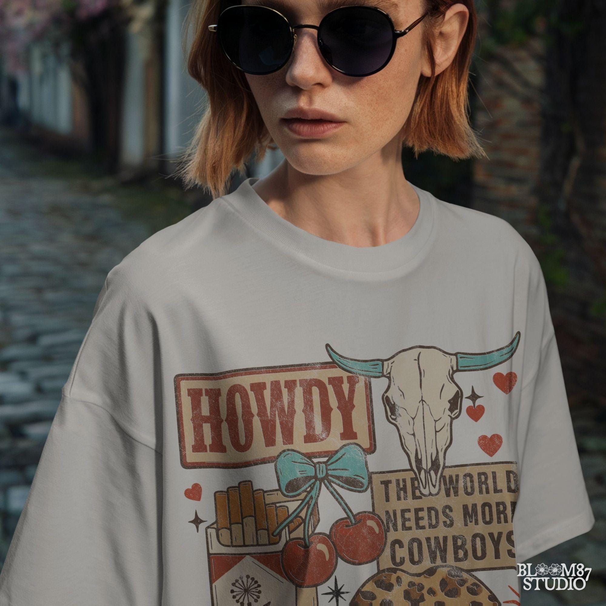 Howdy Western Collage PNG, Trendy Cowgirl Sticker Design, Grunge Wild West PNG, Leopard Lips, Skull Cherry Cowboy PNG, Sublimation Png File