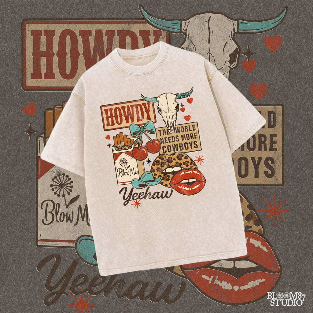 Howdy Western Collage PNG, Trendy Cowgirl Sticker Design, Grunge Wild West PNG, Leopard Lips, Skull Cherry Cowboy PNG, Sublimation Png File