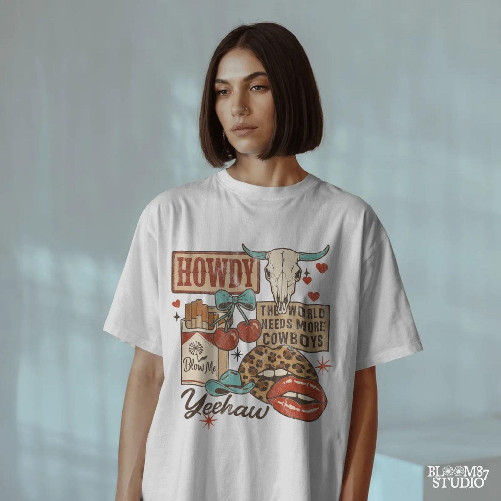 Howdy Western Collage PNG, Trendy Cowgirl Sticker Design, Grunge Wild West PNG, Leopard Lips, Skull Cherry Cowboy PNG, Sublimation Png File