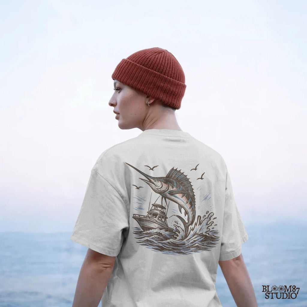 Marlin fishing PNG graphic with jumping marlin and offshore boat, deep sea fishing sublimation design for anglers and tournament shirts