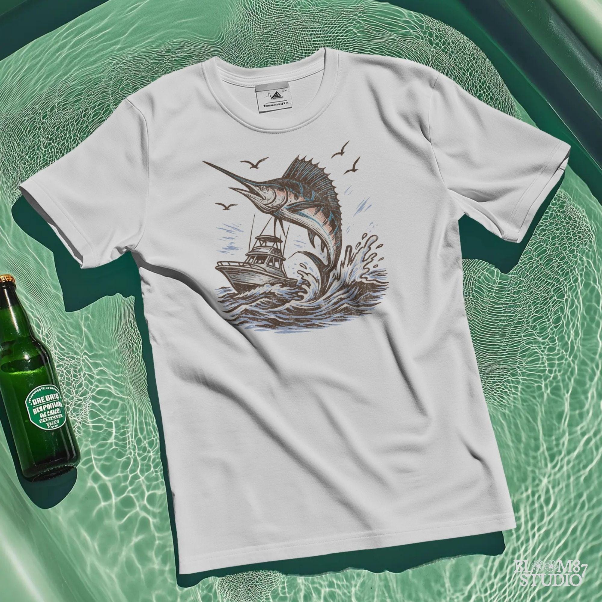 Marlin fishing PNG graphic with jumping marlin and offshore boat, deep sea fishing sublimation design for anglers and tournament shirts