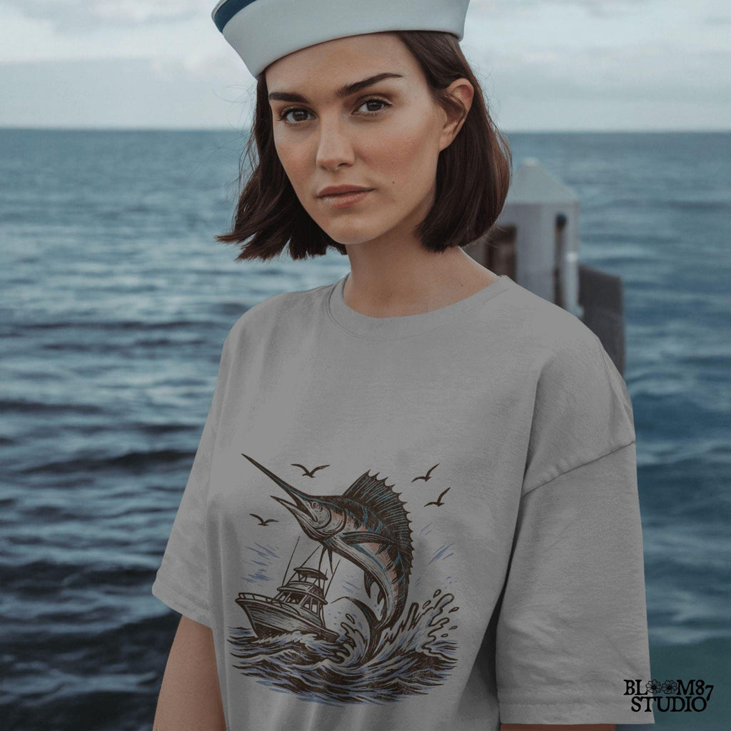 Marlin fishing PNG graphic with jumping marlin and offshore boat, deep sea fishing sublimation design for anglers and tournament shirts