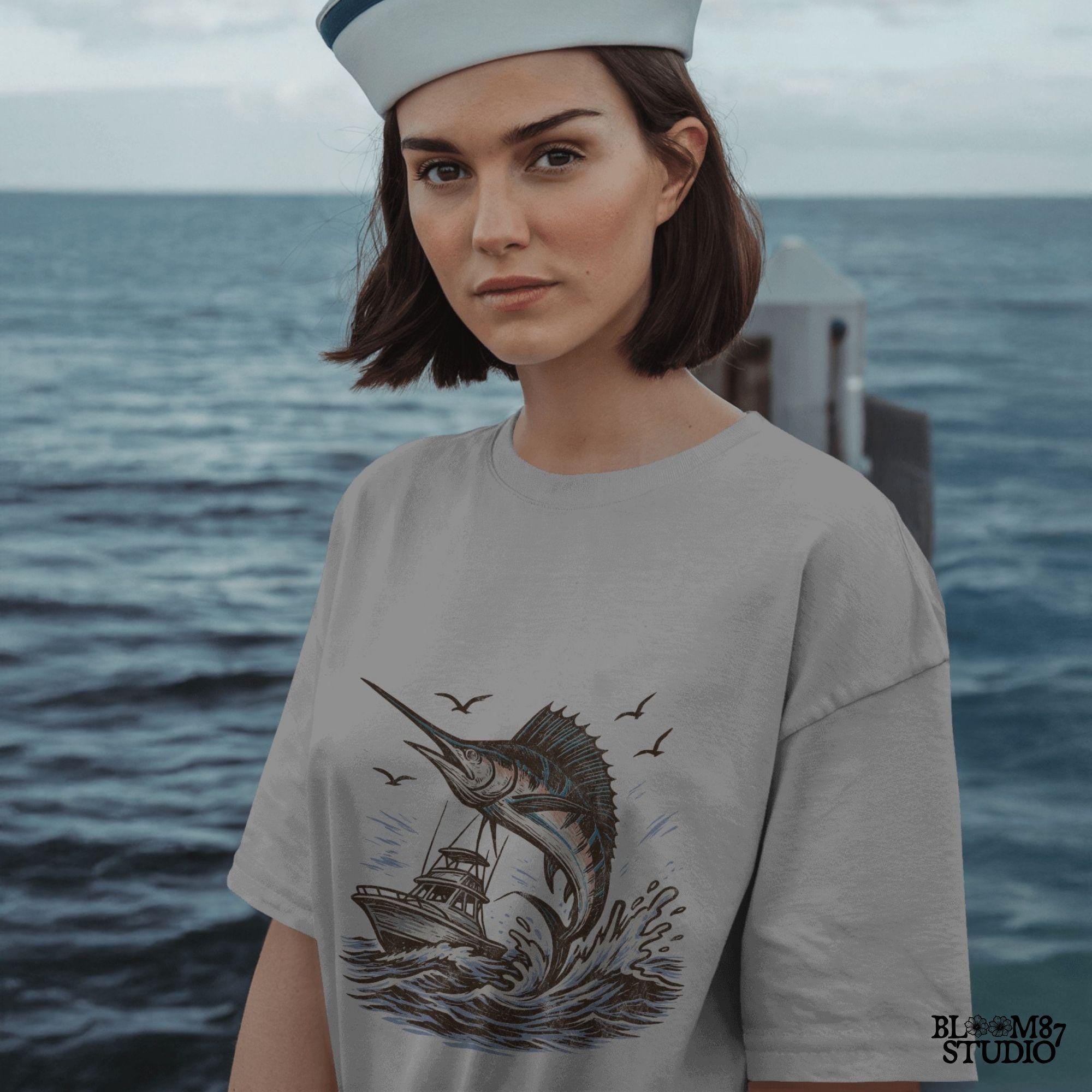 Marlin fishing PNG graphic with jumping marlin and offshore boat, deep sea fishing sublimation design for anglers and tournament shirts