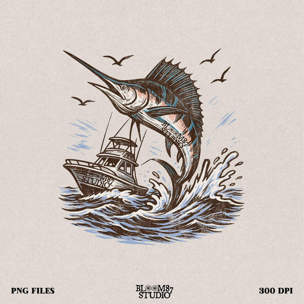 Marlin fishing PNG graphic with jumping marlin and offshore boat, deep sea fishing sublimation design for anglers and tournament shirts