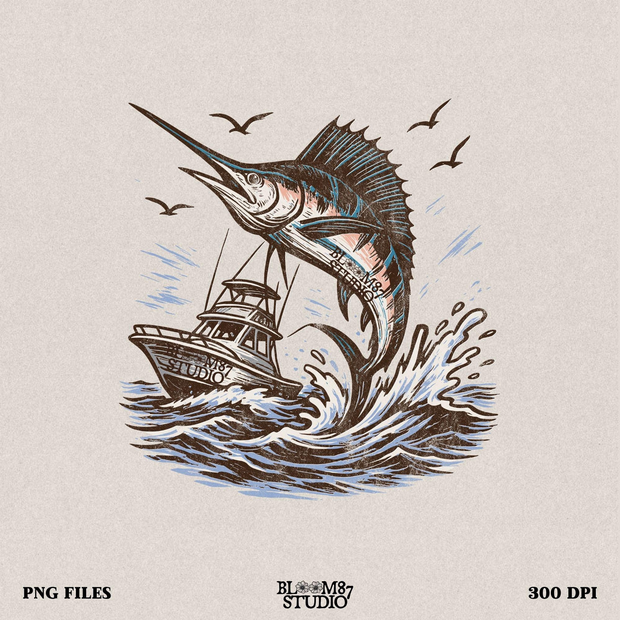 Marlin fishing PNG graphic with jumping marlin and offshore boat, deep sea fishing sublimation design for anglers and tournament shirts