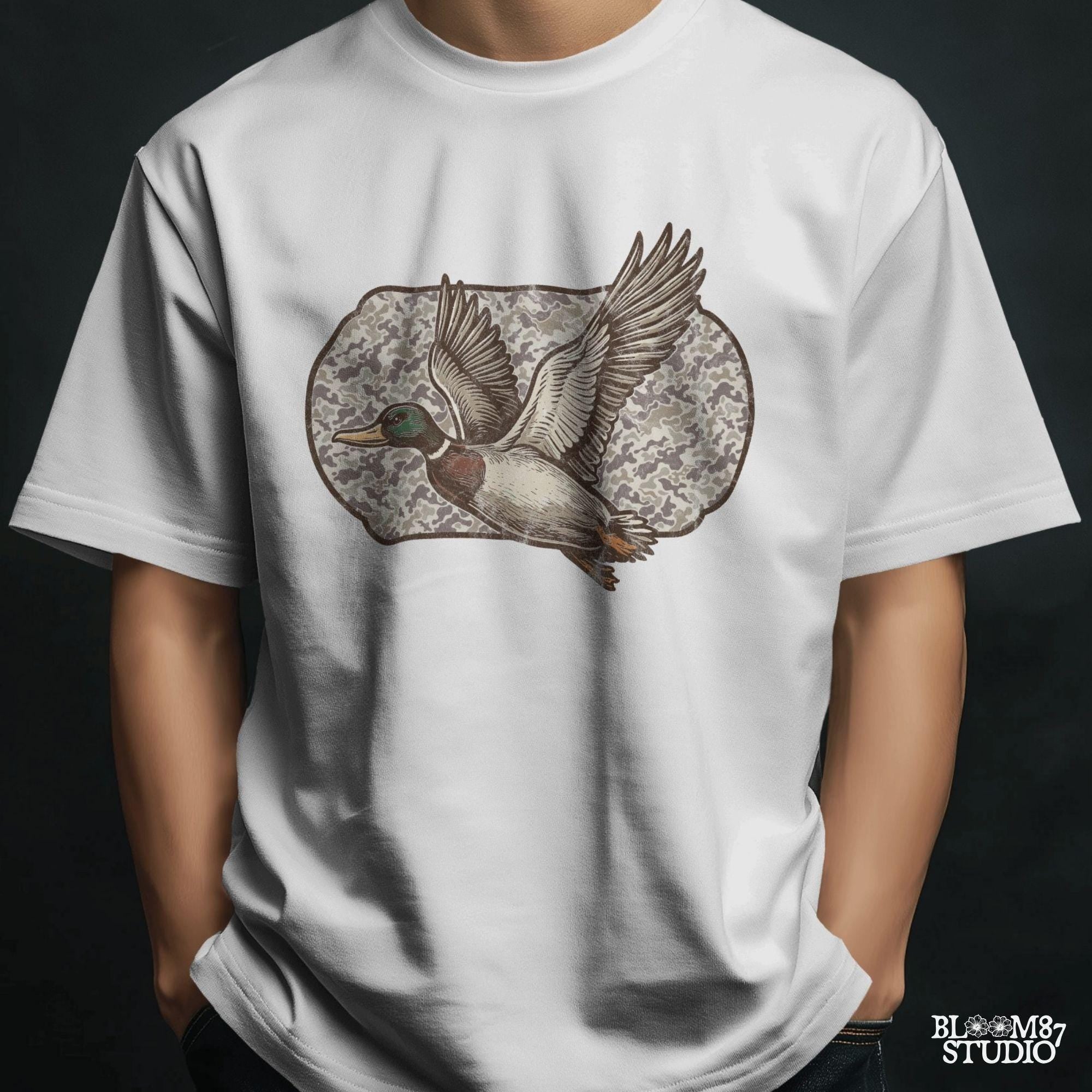 "Camo duck png for hunting shirt sublimation, mallard flying graphic, southern outdoor design"