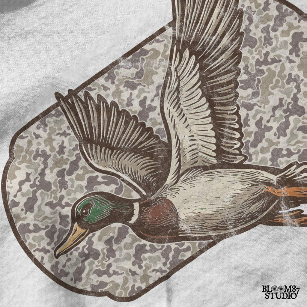 "Camo duck png for hunting shirt sublimation, mallard flying graphic, southern outdoor design"