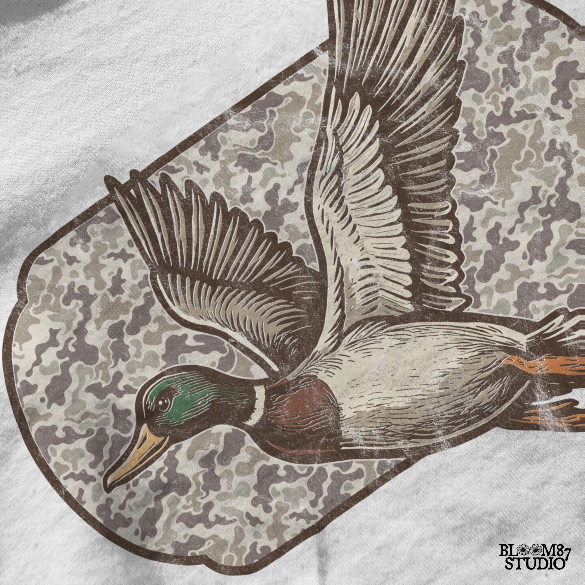 "Camo duck png for hunting shirt sublimation, mallard flying graphic, southern outdoor design"