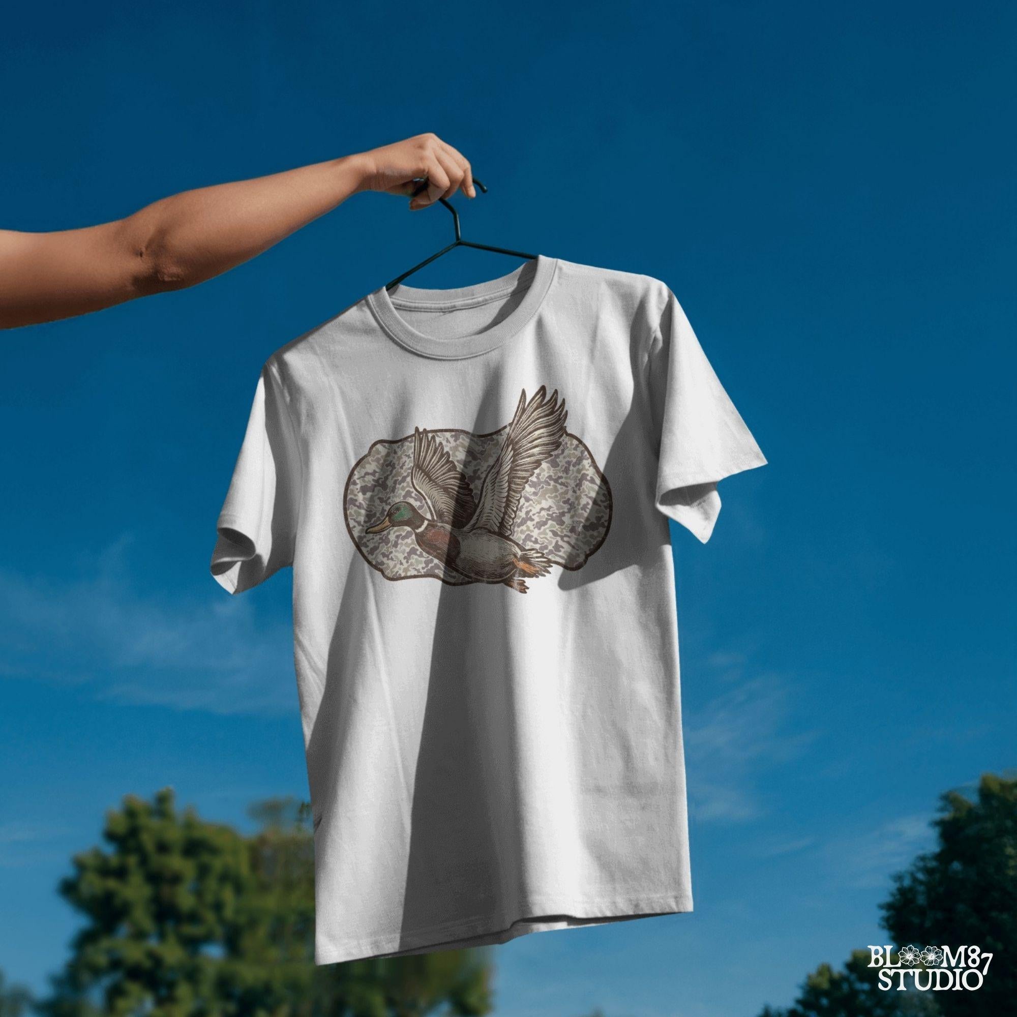"Camo duck png for hunting shirt sublimation, mallard flying graphic, southern outdoor design"