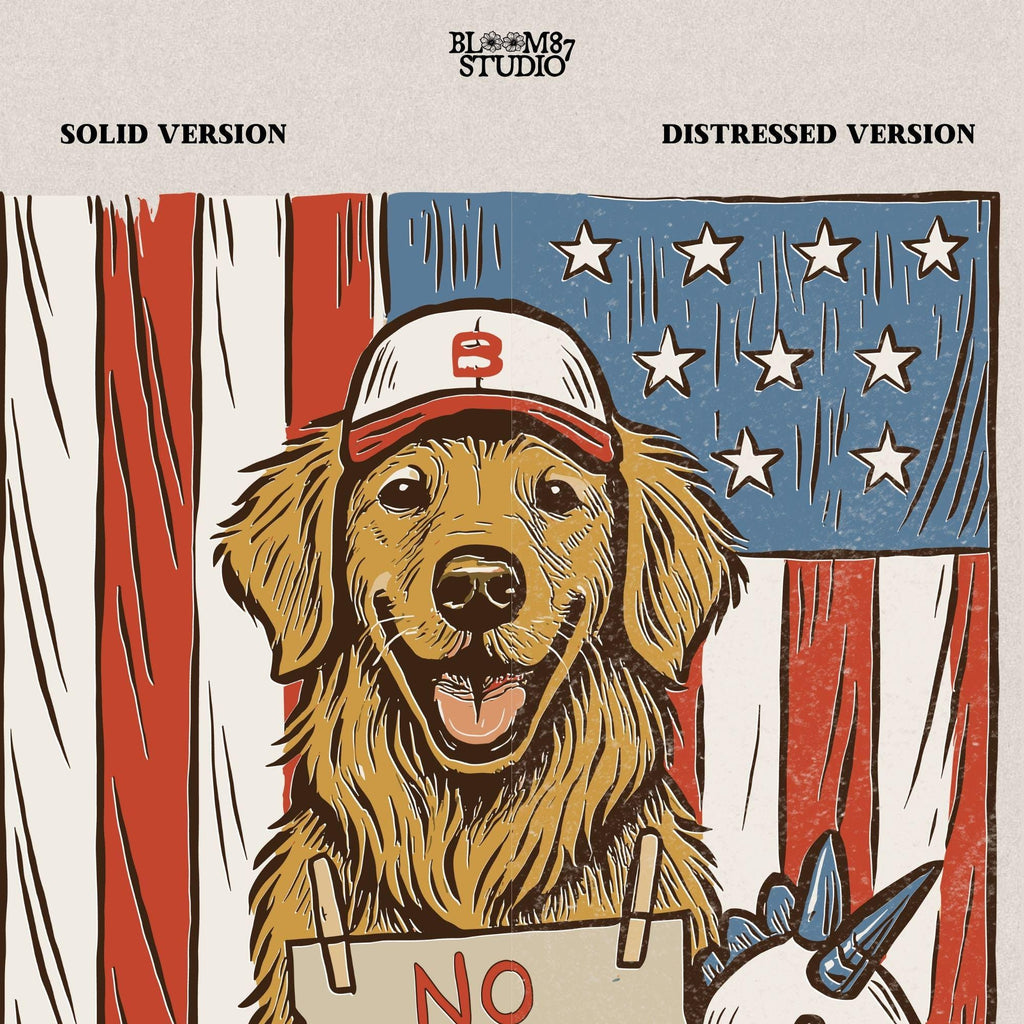 Illustration of a golden retriever in a unicorn float holding a “No Fireworks Please” sign, with American flag background and patriotic summer theme.