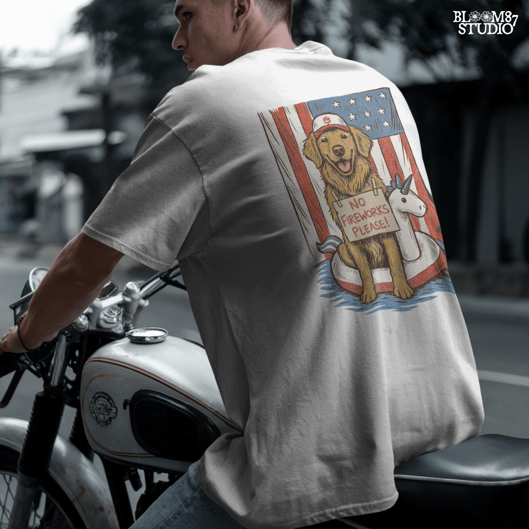 Illustration of a golden retriever in a unicorn float holding a “No Fireworks Please” sign, with American flag background and patriotic summer theme.