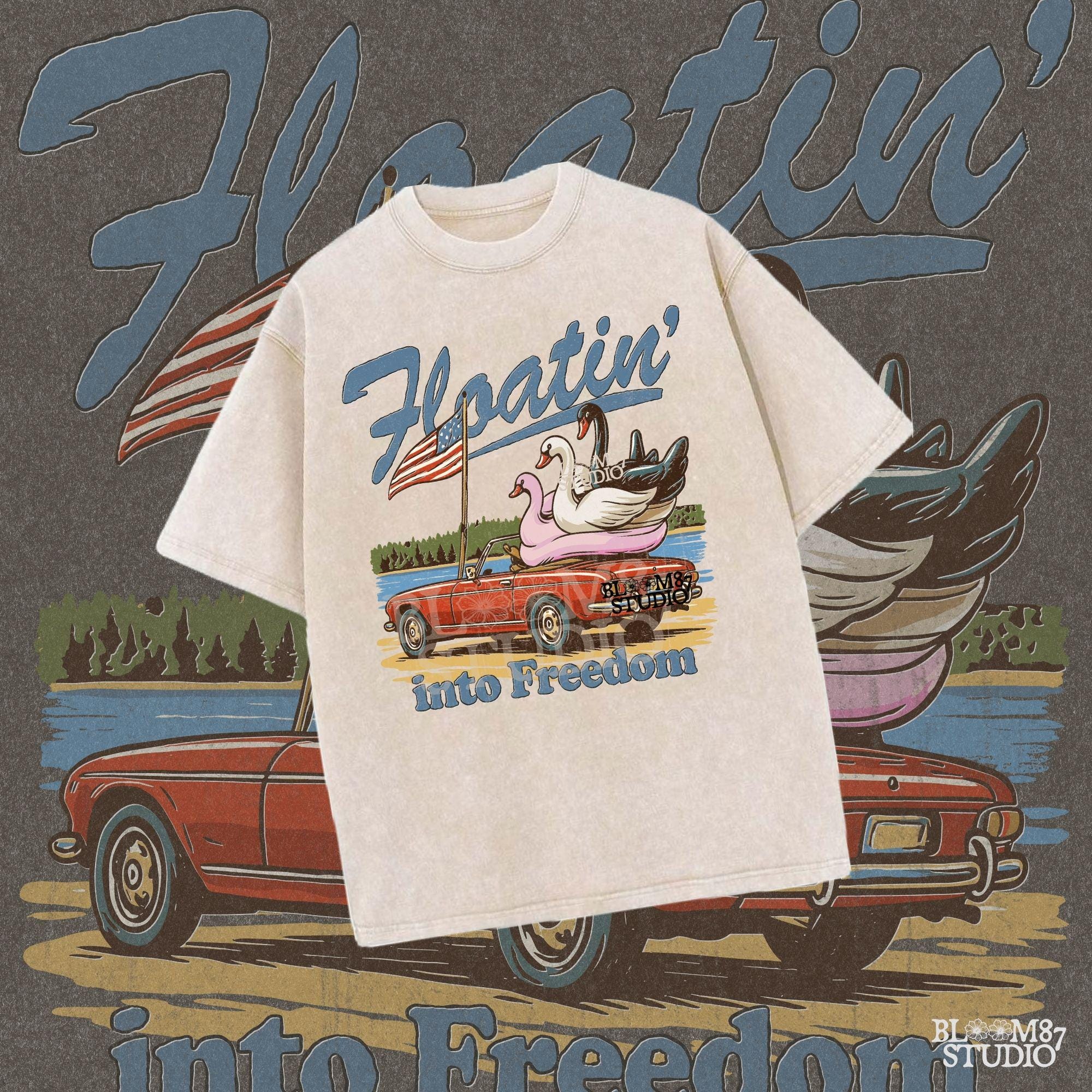 A red convertible car on the beach carrying three swan pool floats with an American flag, with the text “Floatin’ into Freedom” in a playful patriotic theme.