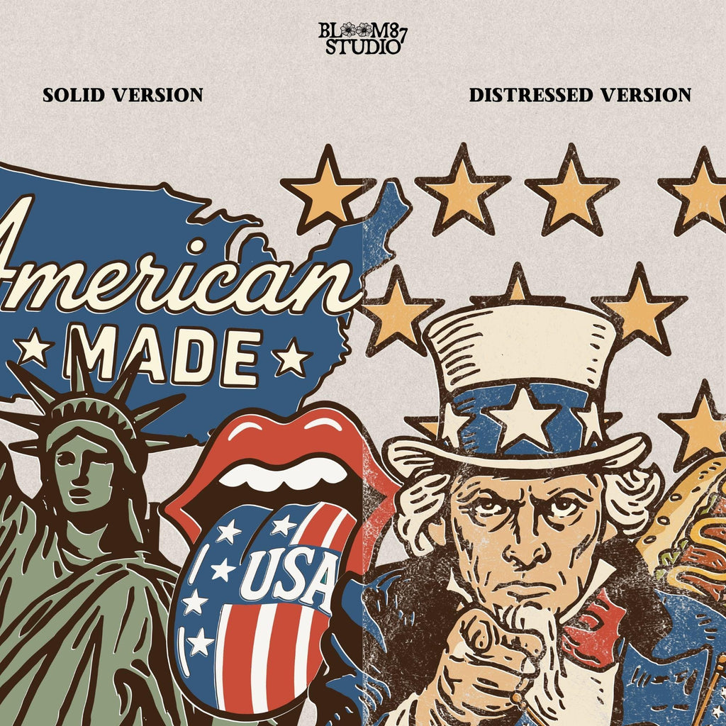 Retro American Made collage with Uncle Sam, Statue of Liberty, Route 66 sign, patriotic hotdog, and vintage USA symbols in red, white, and blue.