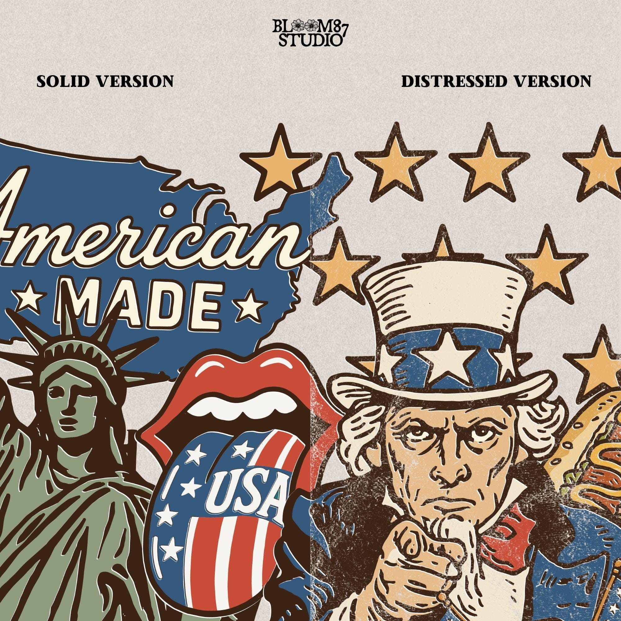 Retro American Made collage with Uncle Sam, Statue of Liberty, Route 66 sign, patriotic hotdog, and vintage USA symbols in red, white, and blue.