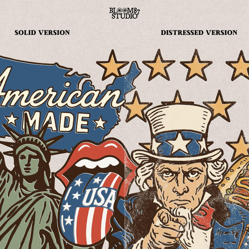 Retro American Made collage with Uncle Sam, Statue of Liberty, Route 66 sign, patriotic hotdog, and vintage USA symbols in red, white, and blue.