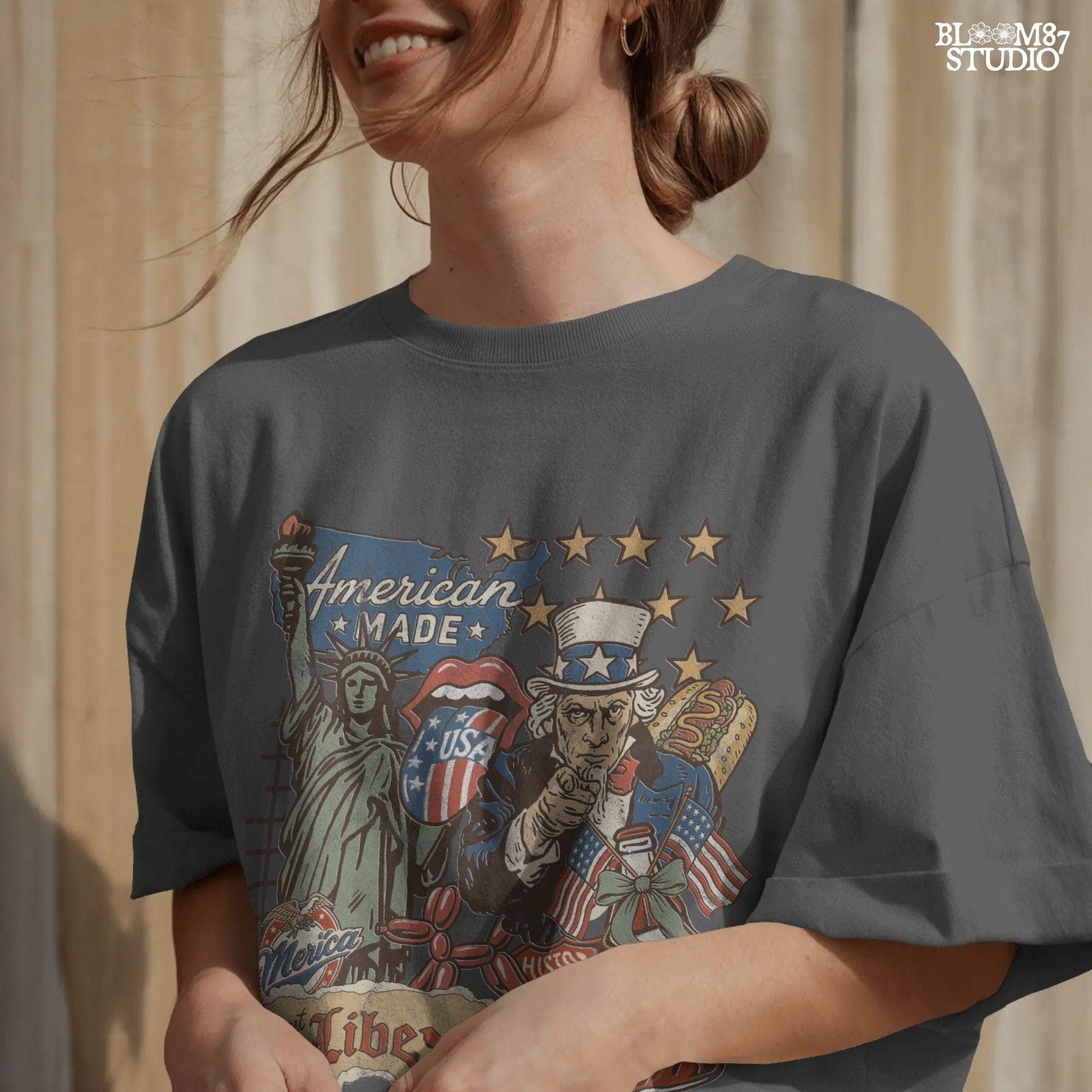 Retro American Made collage with Uncle Sam, Statue of Liberty, Route 66 sign, patriotic hotdog, and vintage USA symbols in red, white, and blue.