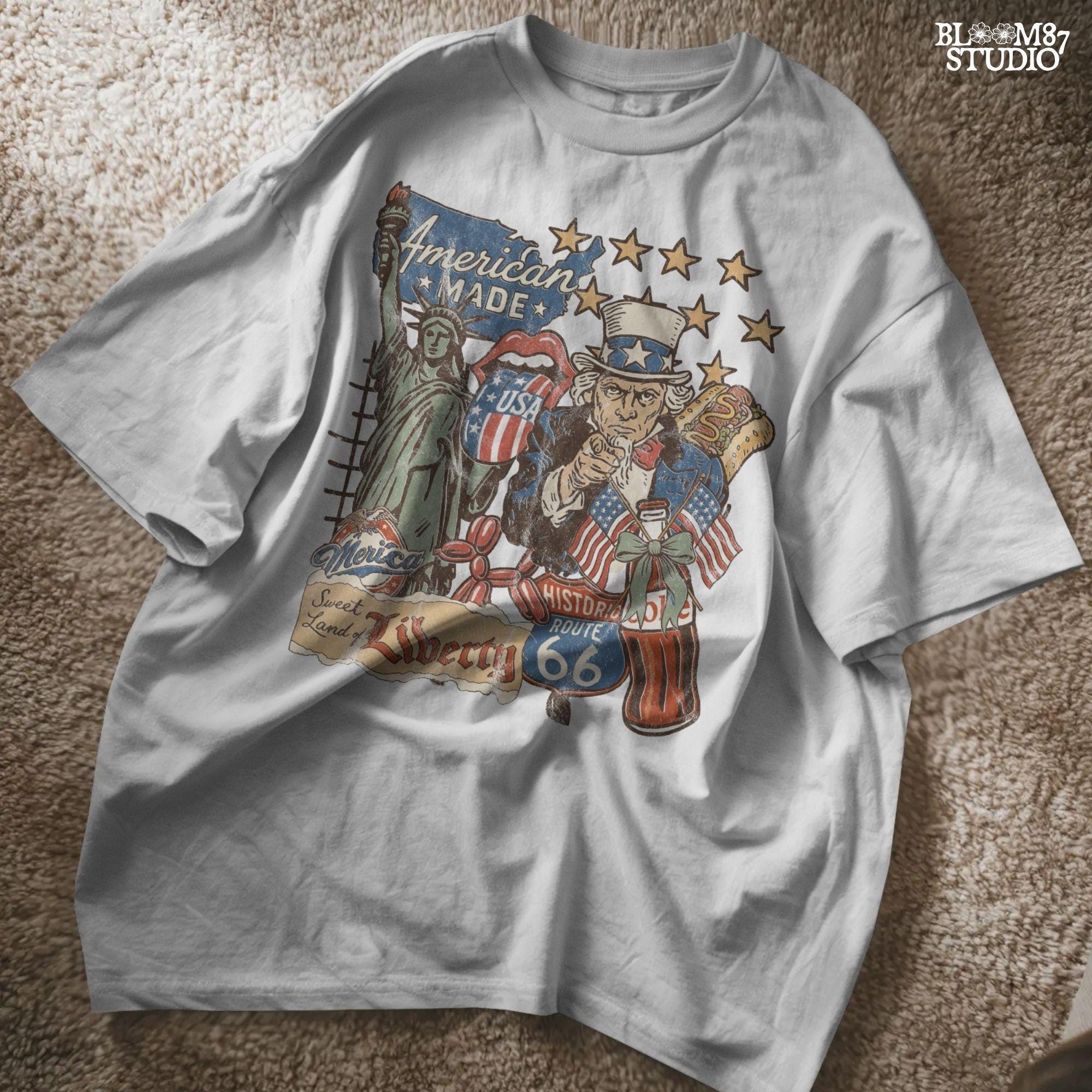 Retro American Made collage with Uncle Sam, Statue of Liberty, Route 66 sign, patriotic hotdog, and vintage USA symbols in red, white, and blue.