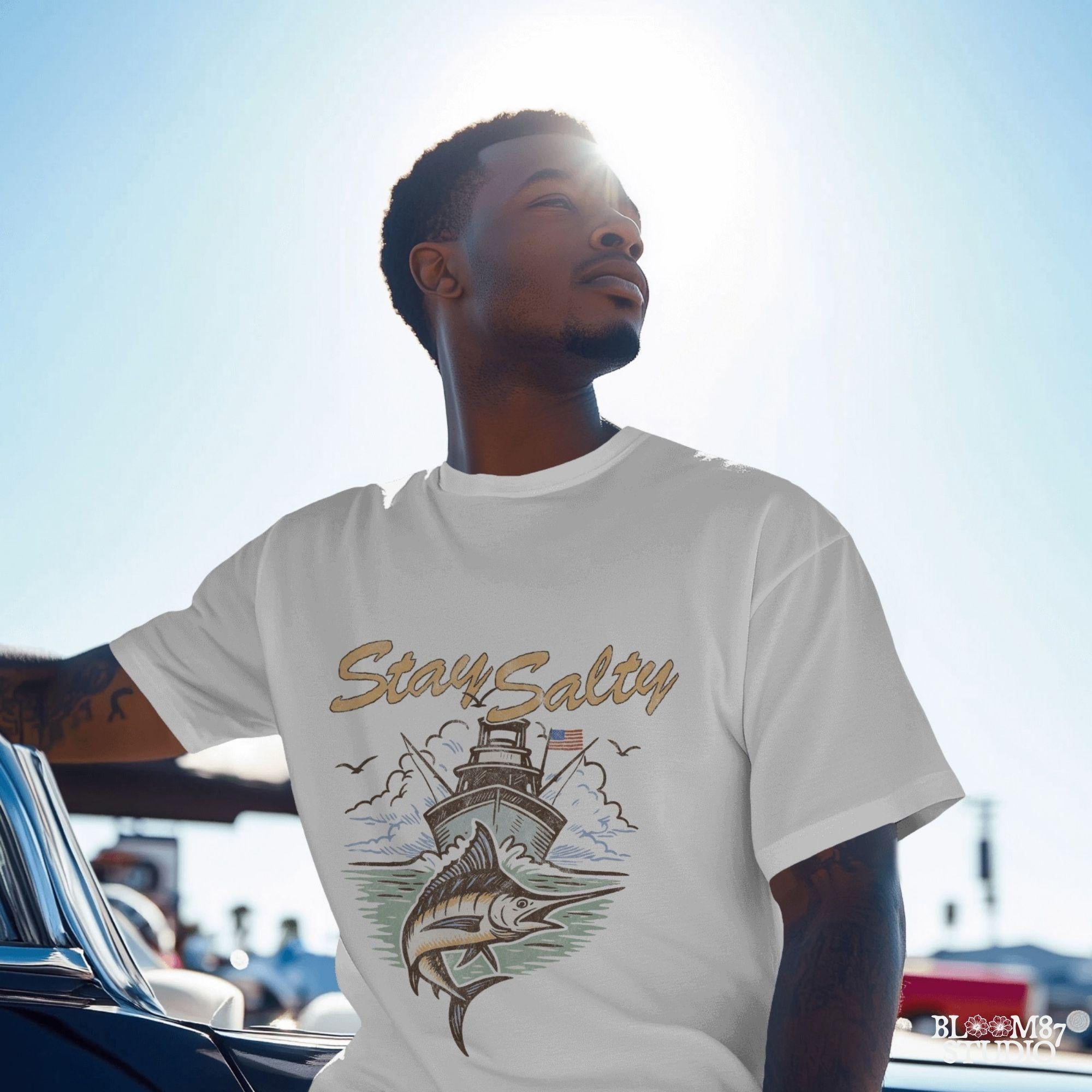 "Stay Salty PNG with marlin fish and offshore fishing boat, perfect for saltwater fishing shirts, beach gift sublimation, and nautical apparel"