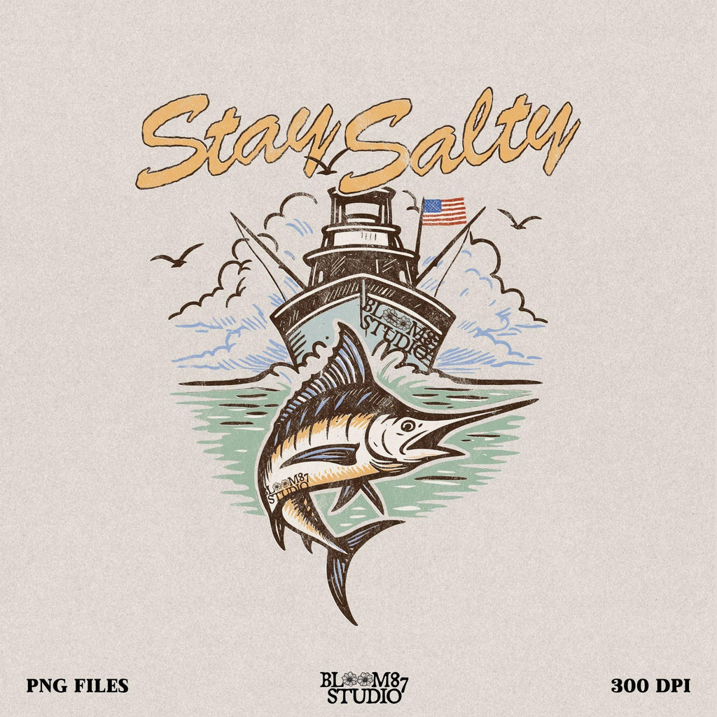 "Stay Salty PNG with marlin fish and offshore fishing boat, perfect for saltwater fishing shirts, beach gift sublimation, and nautical apparel"