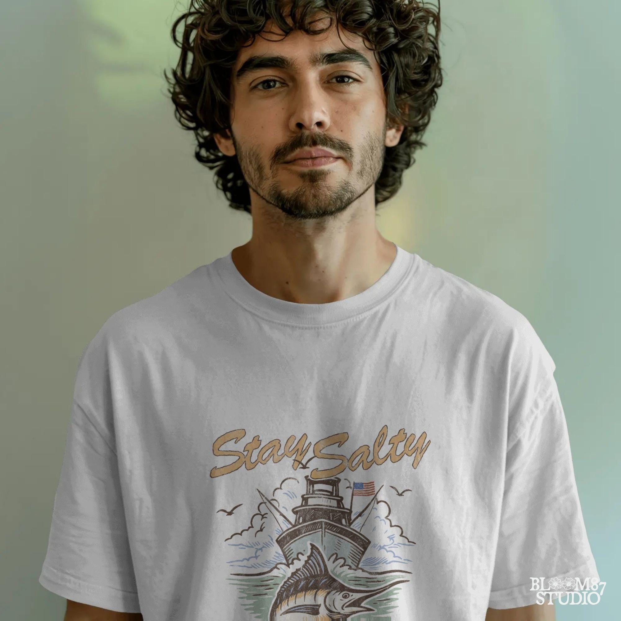 "Stay Salty PNG with marlin fish and offshore fishing boat, perfect for saltwater fishing shirts, beach gift sublimation, and nautical apparel"