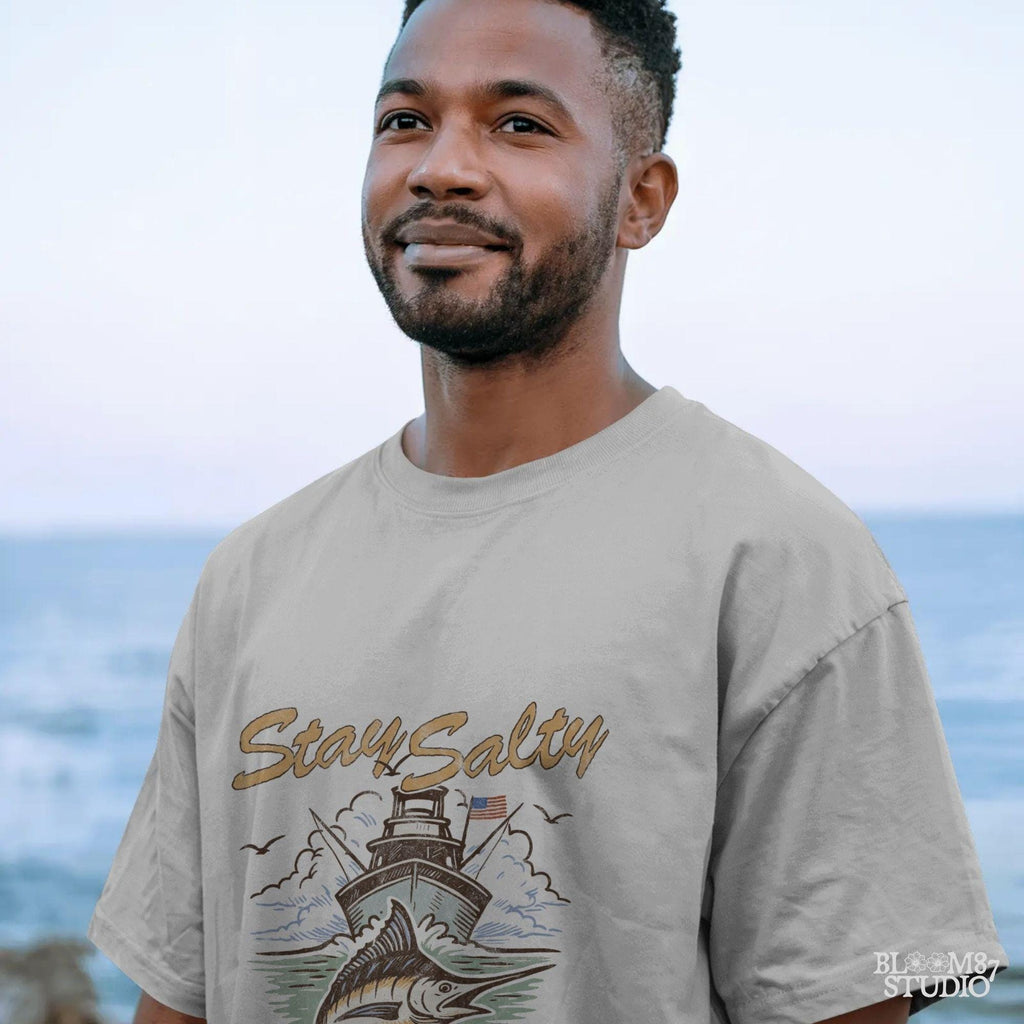 "Stay Salty PNG with marlin fish and offshore fishing boat, perfect for saltwater fishing shirts, beach gift sublimation, and nautical apparel"