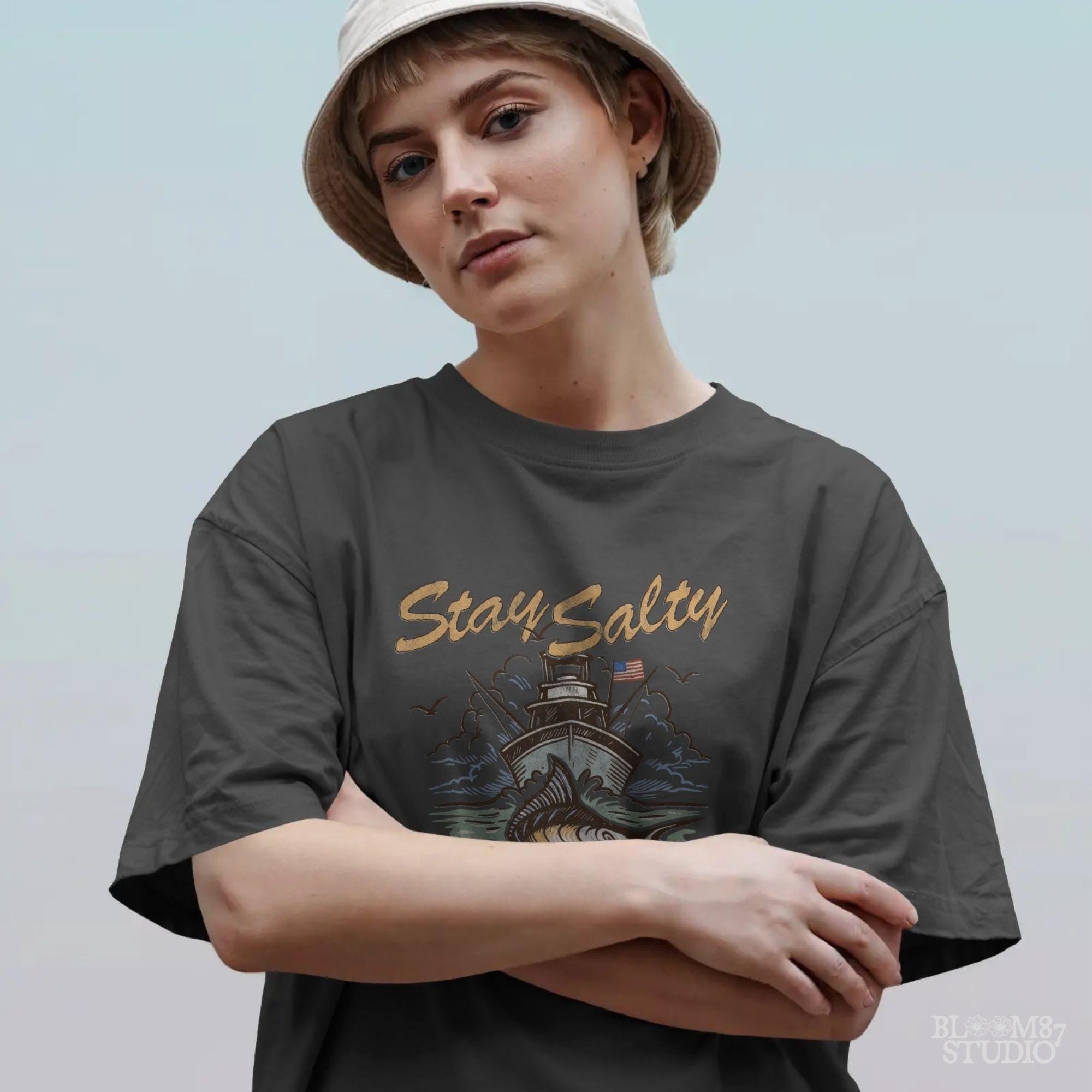 "Stay Salty PNG with marlin fish and offshore fishing boat, perfect for saltwater fishing shirts, beach gift sublimation, and nautical apparel"