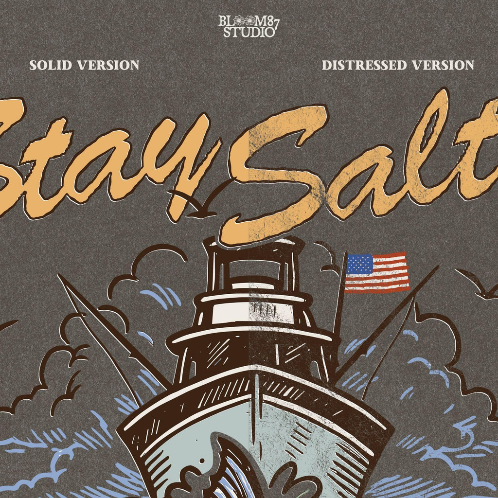 "Stay Salty PNG with marlin fish and offshore fishing boat, perfect for saltwater fishing shirts, beach gift sublimation, and nautical apparel"