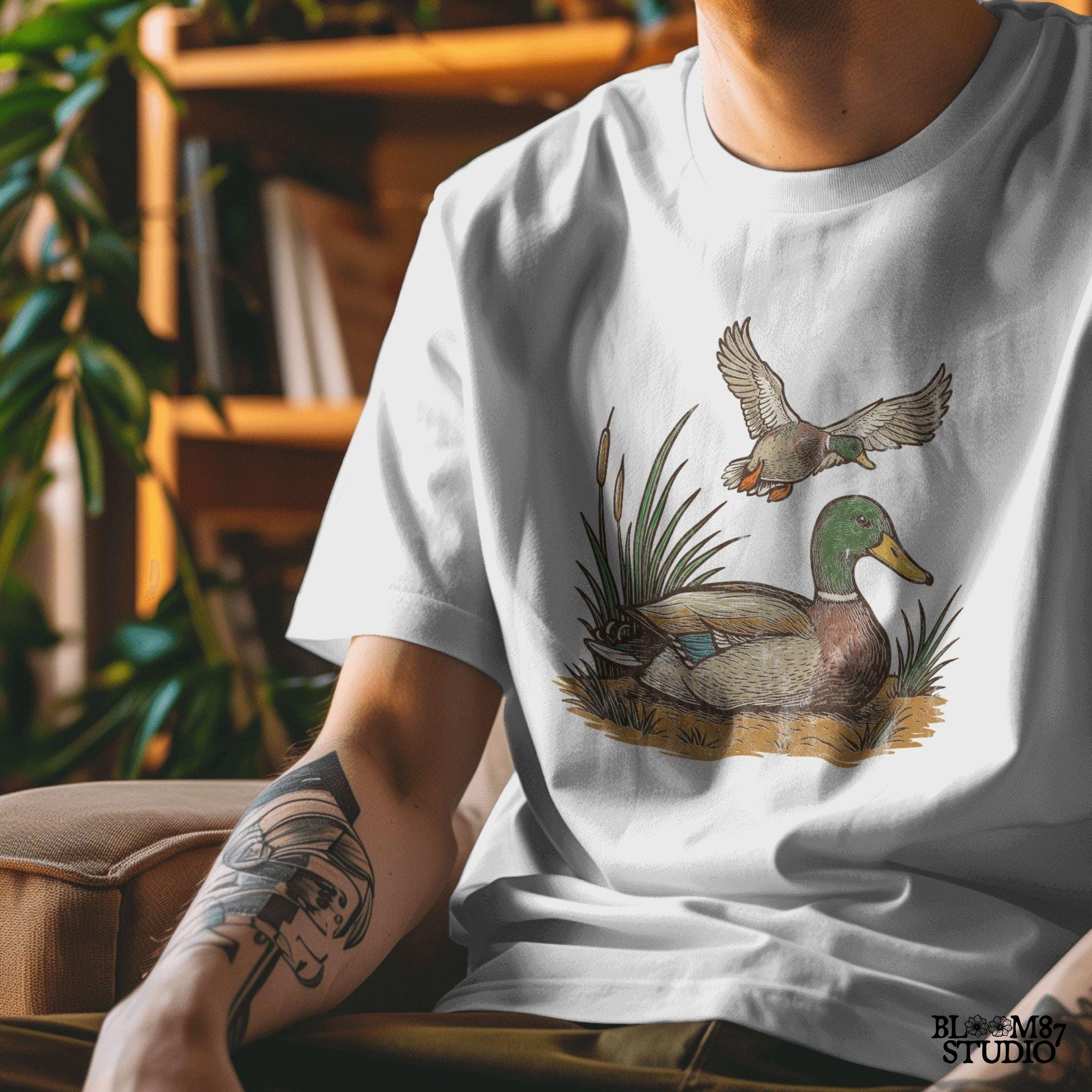 "Vintage mallard duck clipart PNG with flying and sitting ducks in marsh scene, perfect for duck hunting shirt sublimation or rustic wildlife designs"