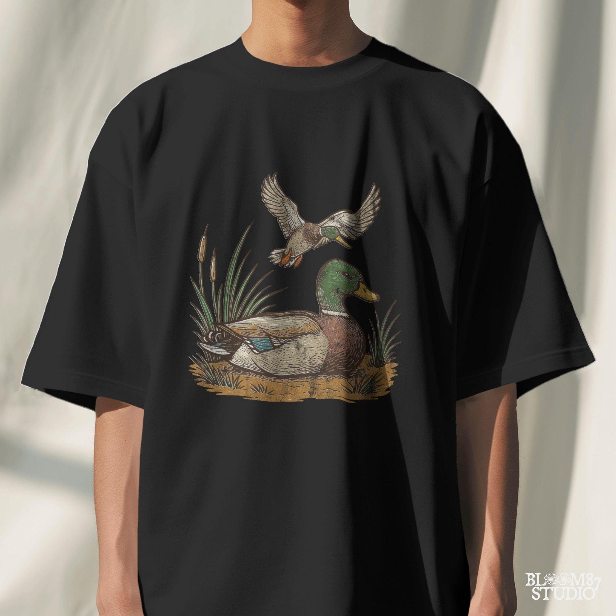 "Vintage mallard duck clipart PNG with flying and sitting ducks in marsh scene, perfect for duck hunting shirt sublimation or rustic wildlife designs"
