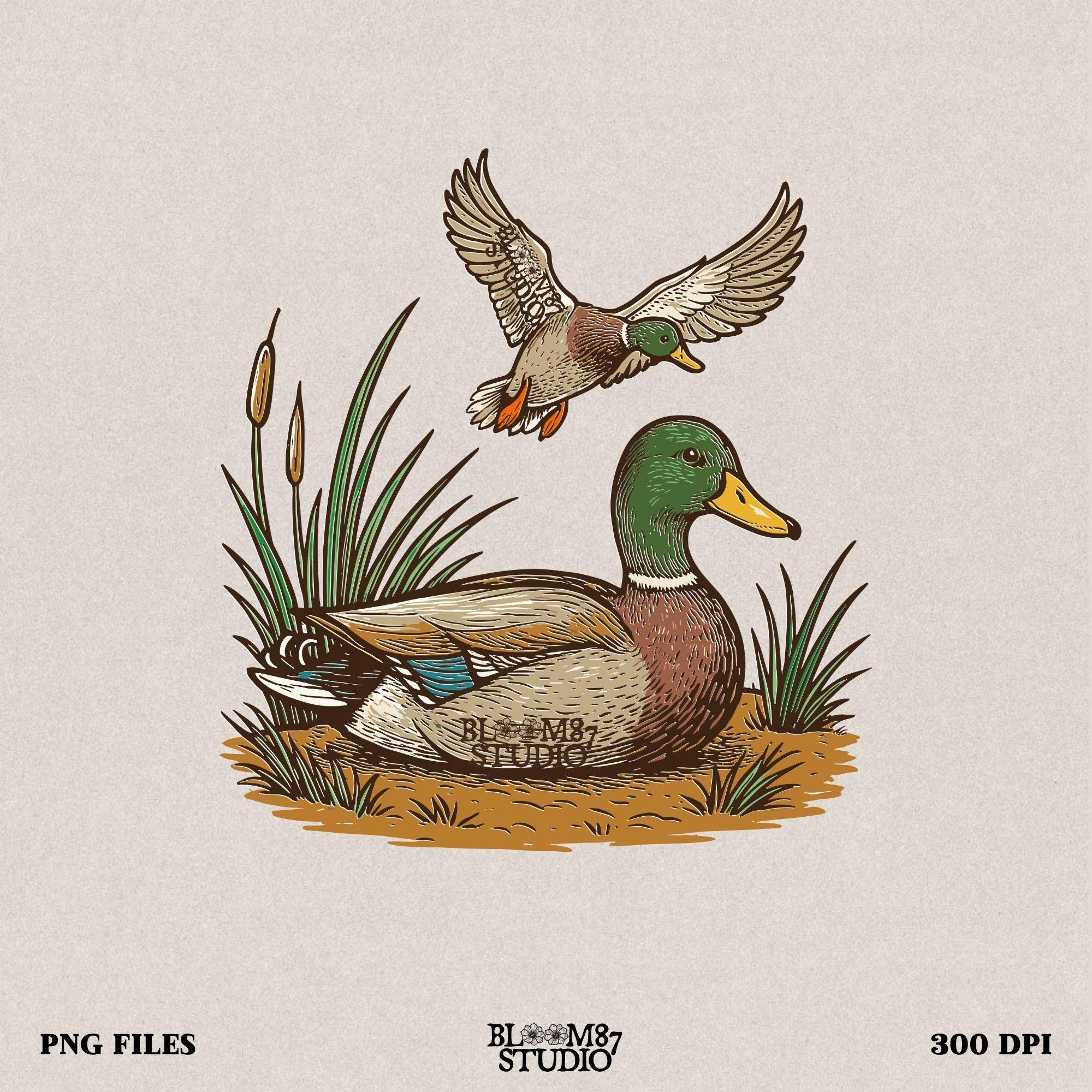 "Vintage mallard duck clipart PNG with flying and sitting ducks in marsh scene, perfect for duck hunting shirt sublimation or rustic wildlife designs"