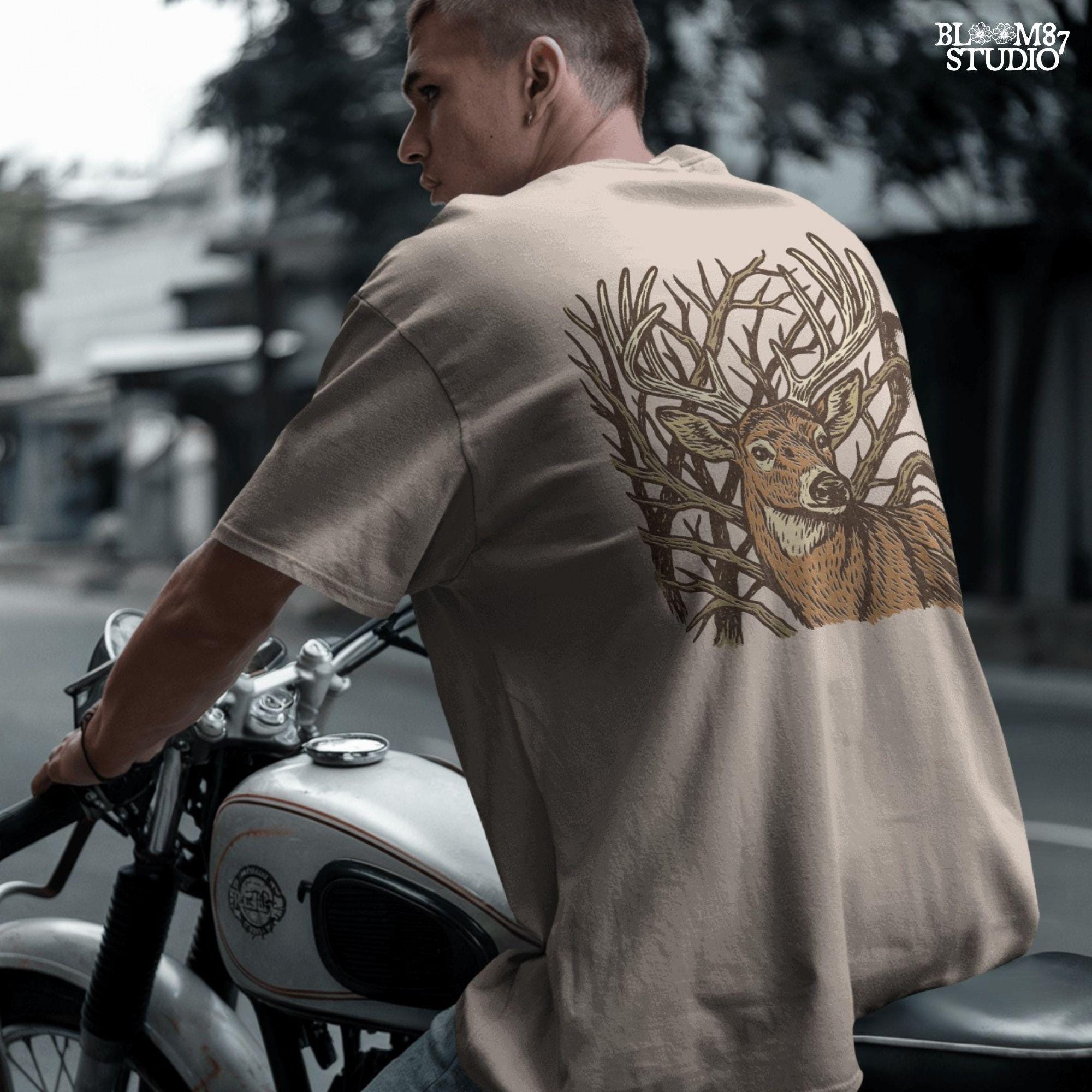 Hand-drawn whitetail deer with large antlers surrounded by bare woodland branches in earthy brown tones on a transparent background.